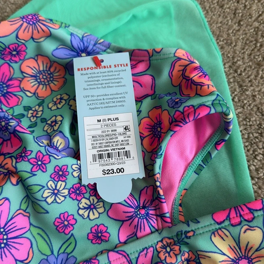 NWT Cat & Jack Girl’s Gingham Floral Cut Out Swimsuit‎ Set - Size: M (8) PLUS